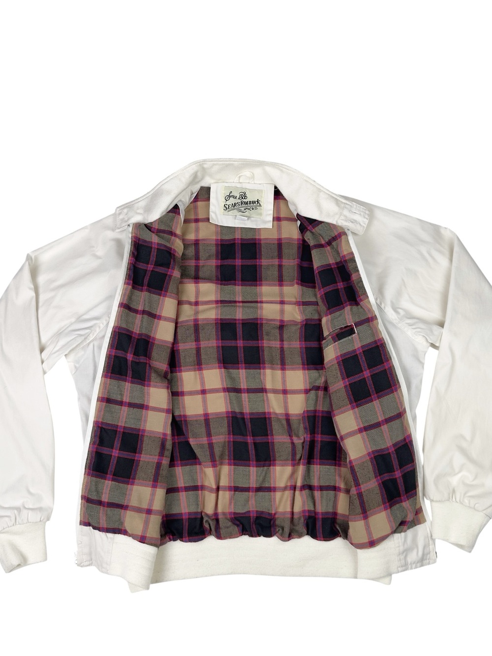 Vintage Sears Roebuck & Co. White Harrington Bomber Jacket Size M Flannel Lined - Picture 2 of 9